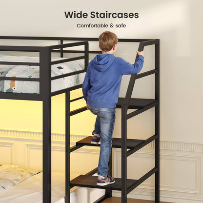 ADORNEVE Low Bunk Bed Twin Over Twin with Desk and Wide Staircase Metal Floor Bunk with Built-in Bookshelf and 3 Storage Drawers LED Floor Bunk with Charging Station and High Guardrail