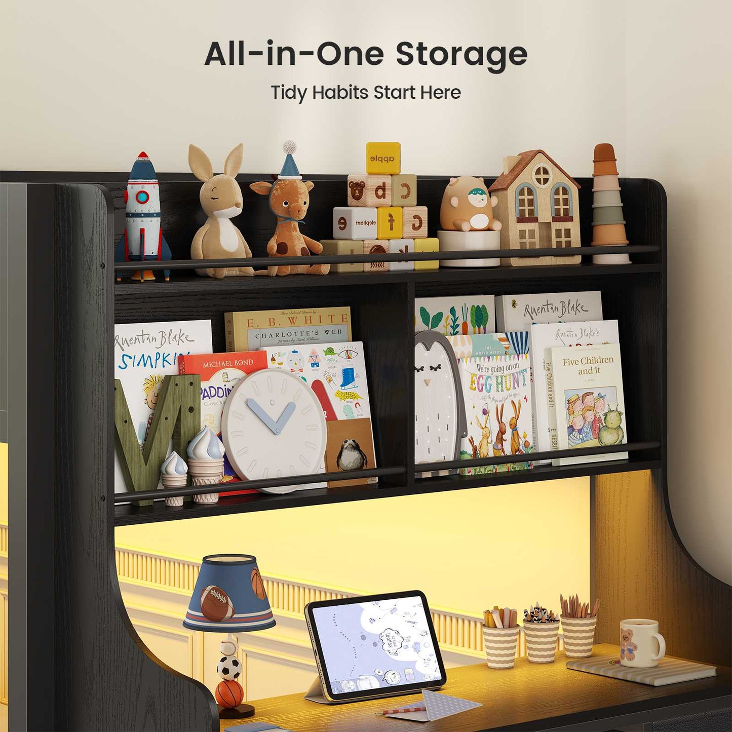 ADORNEVE Low Bunk Bed Twin Over Twin with Desk and Wide Staircase Metal Floor Bunk with Built-in Bookshelf and 3 Storage Drawers LED Floor Bunk with Charging Station and High Guardrail