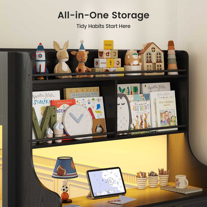 ADORNEVE Low Bunk Bed Twin Over Twin with Desk and Wide Staircase Metal Floor Bunk with Built-in Bookshelf and 3 Storage Drawers LED Floor Bunk with Charging Station and High Guardrail