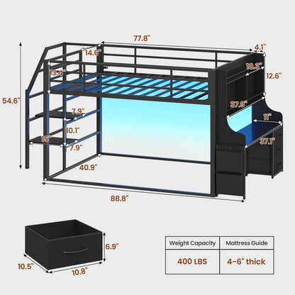 ADORNEVE Low Bunk Bed Twin Over Twin with Desk and Wide Staircase Metal Floor Bunk with Built-in Bookshelf and 3 Storage Drawers LED Floor Bunk with Charging Station and High Guardrail