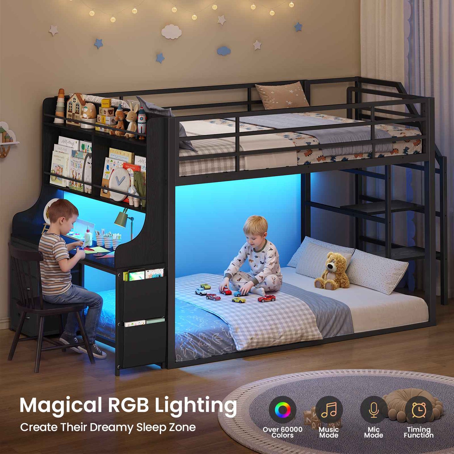 ADORNEVE Low Bunk Bed Twin Over Twin with Desk and Wide Staircase Metal Floor Bunk with Built-in Bookshelf and 3 Storage Drawers LED Floor Bunk with Charging Station and High Guardrail
