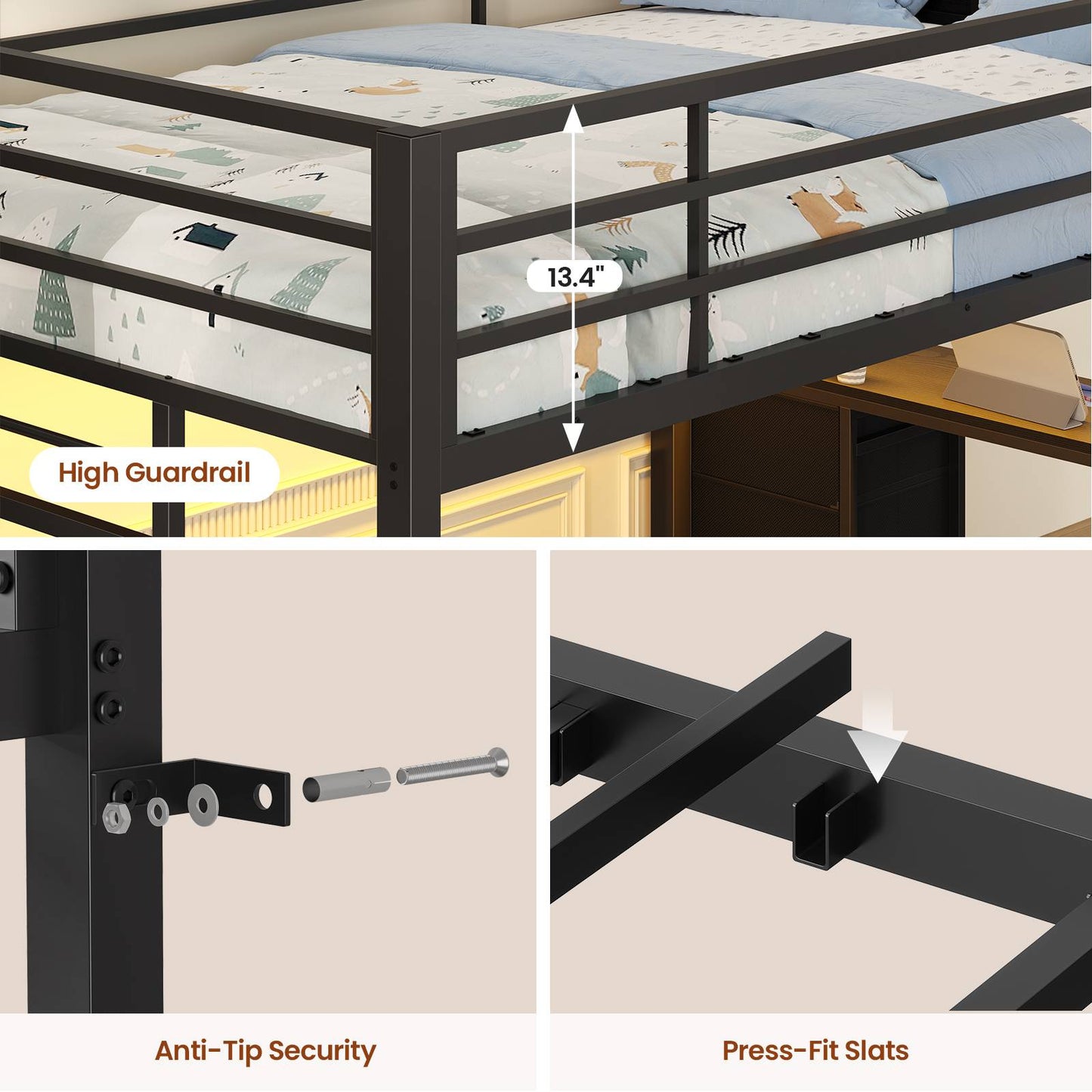 ADORNEVE Low Bunk Bed Twin Over Twin with Desk and Wide Staircase Metal Floor Bunk with Built-in Bookshelf and 3 Storage Drawers LED Floor Bunk with Charging Station and High Guardrail