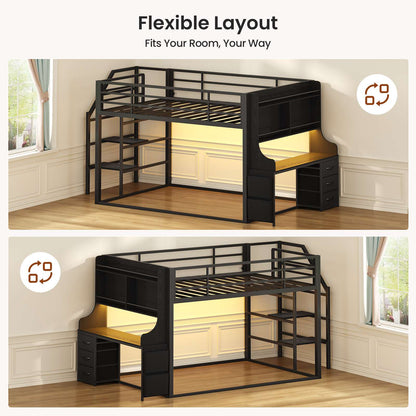 ADORNEVE Low Bunk Bed Twin Over Twin with Desk and Wide Staircase Metal Floor Bunk with Built-in Bookshelf and 3 Storage Drawers LED Floor Bunk with Charging Station and High Guardrail