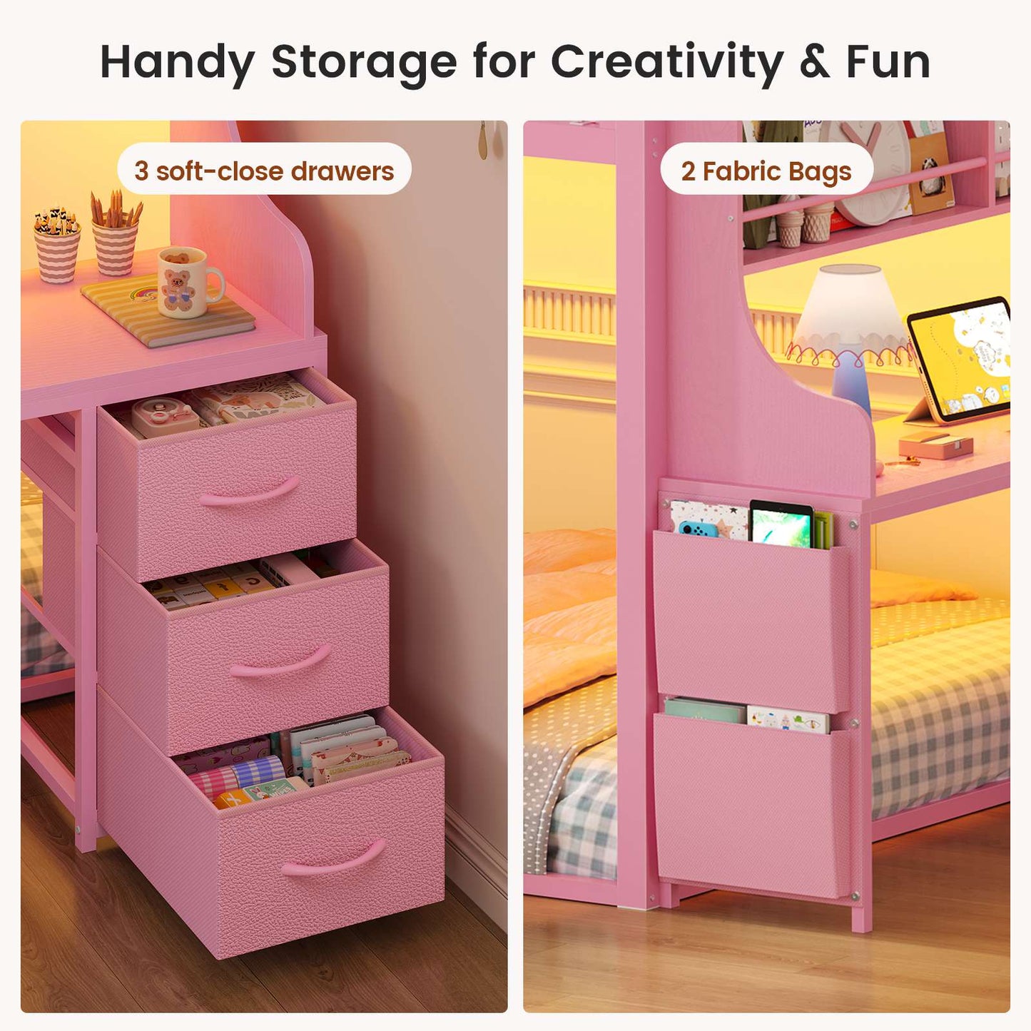 ADORNEVE Low Bunk Bed Twin Over Twin with Desk and Wide Staircase Metal Floor Bunk with Built-in Bookshelf and 3 Storage Drawers LED Floor Bunk with Charging Station and High Guardrail