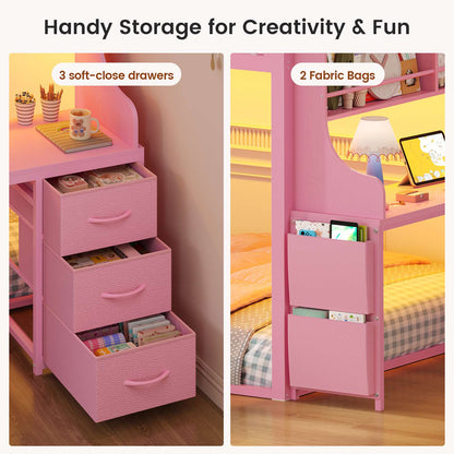 ADORNEVE Low Bunk Bed Twin Over Twin with Desk and Wide Staircase Metal Floor Bunk with Built-in Bookshelf and 3 Storage Drawers LED Floor Bunk with Charging Station and High Guardrail
