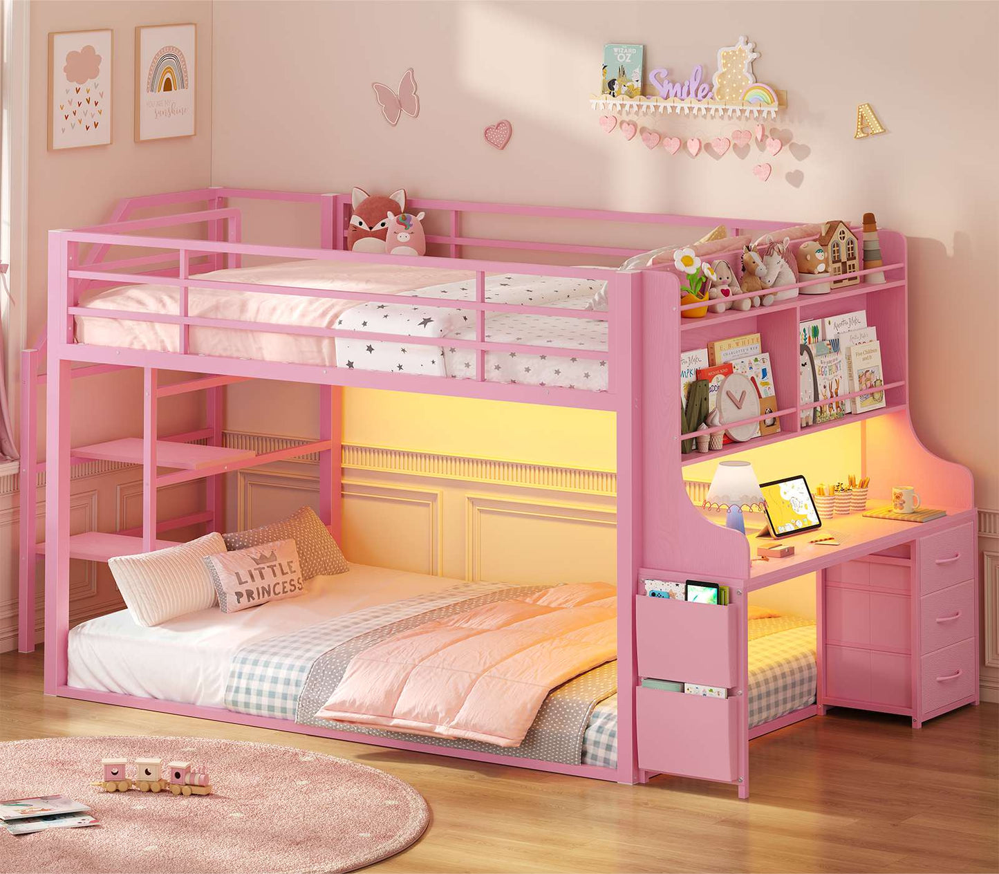 ADORNEVE Low Bunk Bed Twin Over Twin with Desk and Wide Staircase Metal Floor Bunk with Built-in Bookshelf and 3 Storage Drawers LED Floor Bunk with Charging Station and High Guardrail