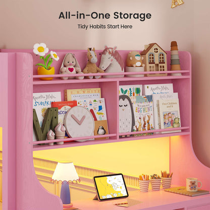 ADORNEVE Low Bunk Bed Twin Over Twin with Desk and Wide Staircase Metal Floor Bunk with Built-in Bookshelf and 3 Storage Drawers LED Floor Bunk with Charging Station and High Guardrail