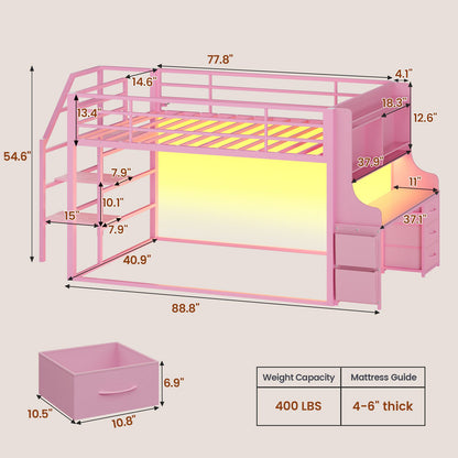 ADORNEVE Low Bunk Bed Twin Over Twin with Desk and Wide Staircase Metal Floor Bunk with Built-in Bookshelf and 3 Storage Drawers LED Floor Bunk with Charging Station and High Guardrail