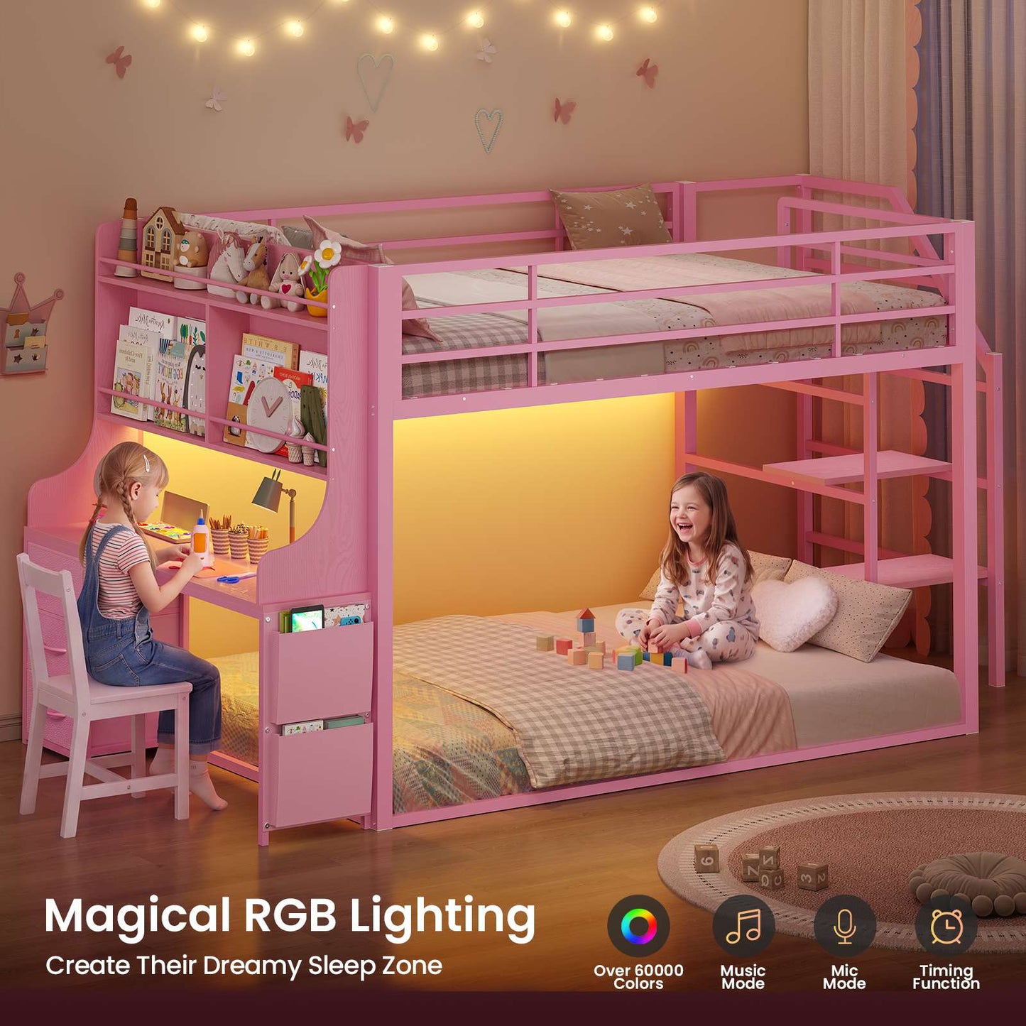 ADORNEVE Low Bunk Bed Twin Over Twin with Desk and Wide Staircase Metal Floor Bunk with Built-in Bookshelf and 3 Storage Drawers LED Floor Bunk with Charging Station and High Guardrail