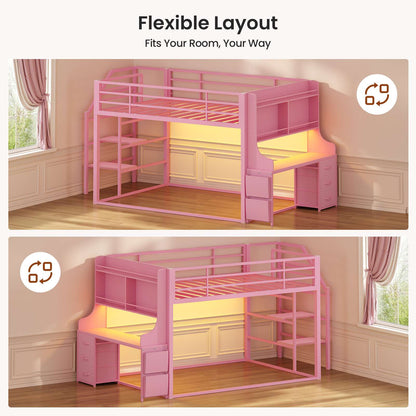 ADORNEVE Low Bunk Bed Twin Over Twin with Desk and Wide Staircase Metal Floor Bunk with Built-in Bookshelf and 3 Storage Drawers LED Floor Bunk with Charging Station and High Guardrail