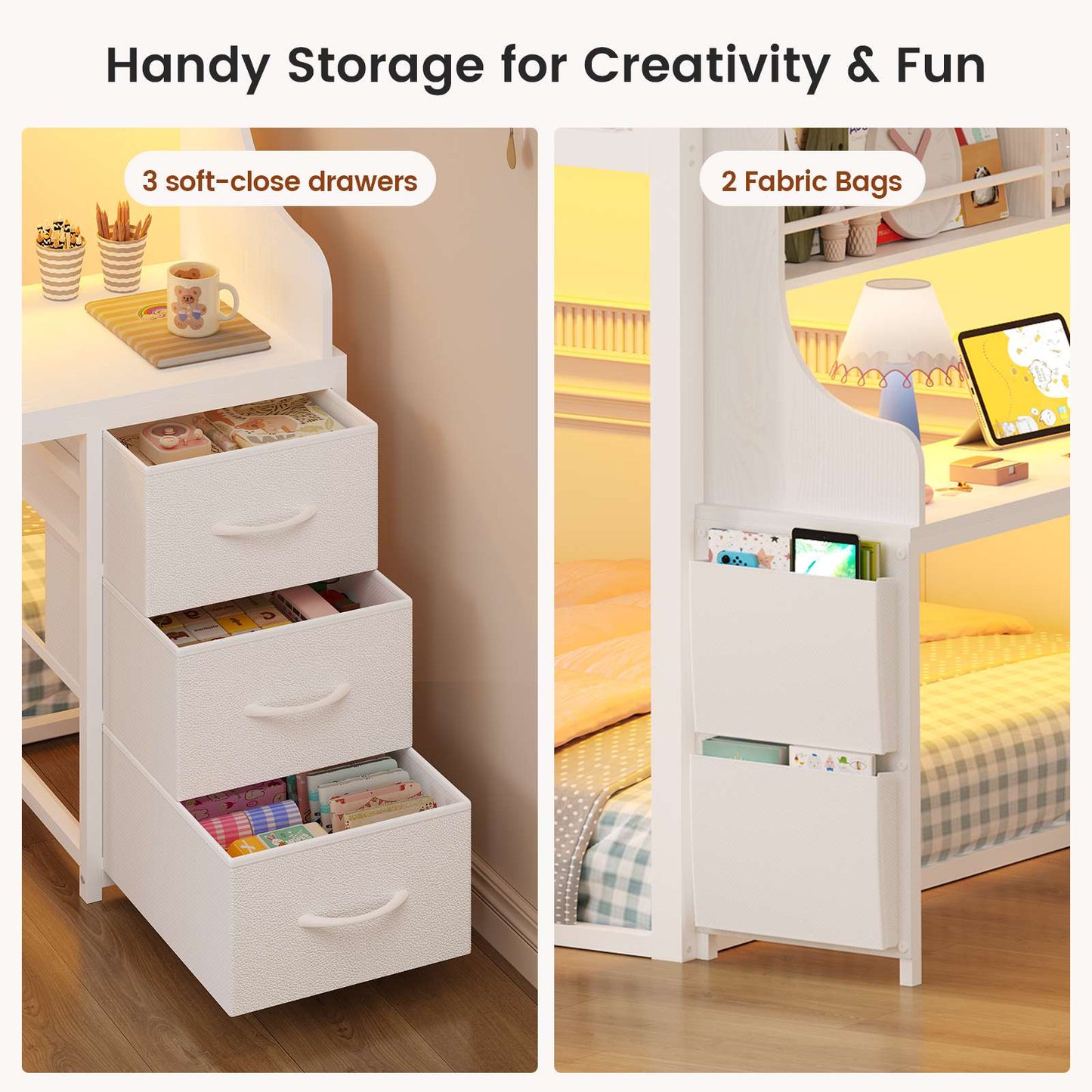 ADORNEVE Low Bunk Bed Twin Over Twin with Desk and Wide Staircase Metal Floor Bunk with Built-in Bookshelf and 3 Storage Drawers LED Floor Bunk with Charging Station and High Guardrail