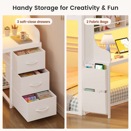 ADORNEVE Low Bunk Bed Twin Over Twin with Desk and Wide Staircase Metal Floor Bunk with Built-in Bookshelf and 3 Storage Drawers LED Floor Bunk with Charging Station and High Guardrail