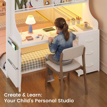 ADORNEVE Low Bunk Bed Twin Over Twin with Desk and Wide Staircase Metal Floor Bunk with Built-in Bookshelf and 3 Storage Drawers LED Floor Bunk with Charging Station and High Guardrail