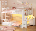 ADORNEVE Low Bunk Bed Twin Over Twin with Desk and Wide Staircase Metal Floor Bunk with Built-in Bookshelf and 3 Storage Drawers LED Floor Bunk with Charging Station and High Guardrail