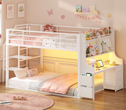 ADORNEVE Low Bunk Bed Twin Over Twin with Desk and Wide Staircase Metal Floor Bunk with Built-in Bookshelf and 3 Storage Drawers LED Floor Bunk with Charging Station and High Guardrail