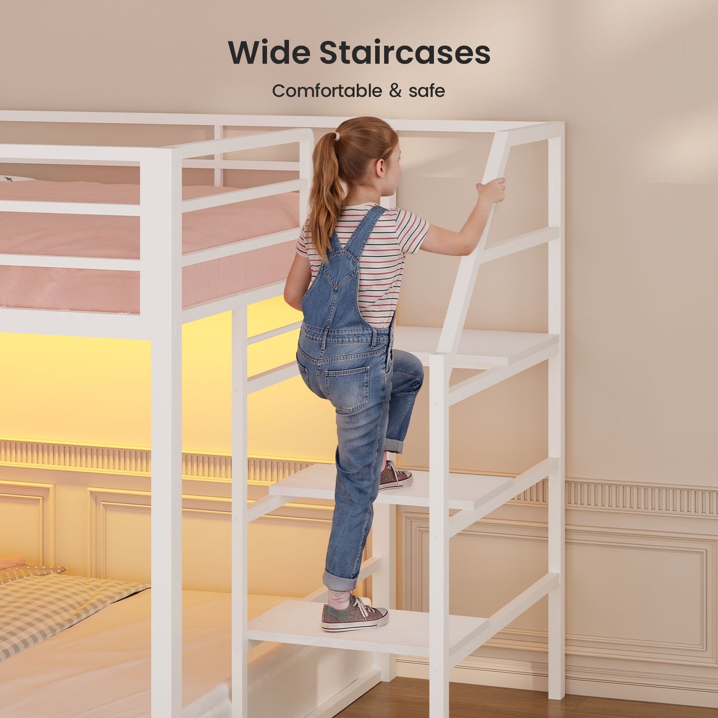 ADORNEVE Low Bunk Bed Twin Over Twin with Desk and Wide Staircase Metal Floor Bunk with Built-in Bookshelf and 3 Storage Drawers LED Floor Bunk with Charging Station and High Guardrail