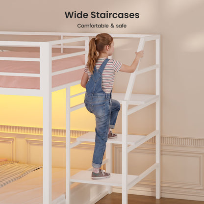 ADORNEVE Low Bunk Bed Twin Over Twin with Desk and Wide Staircase Metal Floor Bunk with Built-in Bookshelf and 3 Storage Drawers LED Floor Bunk with Charging Station and High Guardrail