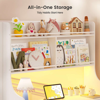 ADORNEVE Low Bunk Bed Twin Over Twin with Desk and Wide Staircase Metal Floor Bunk with Built-in Bookshelf and 3 Storage Drawers LED Floor Bunk with Charging Station and High Guardrail
