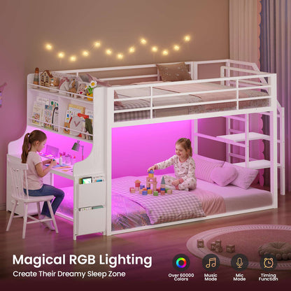 ADORNEVE Low Bunk Bed Twin Over Twin with Desk and Wide Staircase Metal Floor Bunk with Built-in Bookshelf and 3 Storage Drawers LED Floor Bunk with Charging Station and High Guardrail