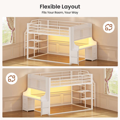 ADORNEVE Low Bunk Bed Twin Over Twin with Desk and Wide Staircase Metal Floor Bunk with Built-in Bookshelf and 3 Storage Drawers LED Floor Bunk with Charging Station and High Guardrail