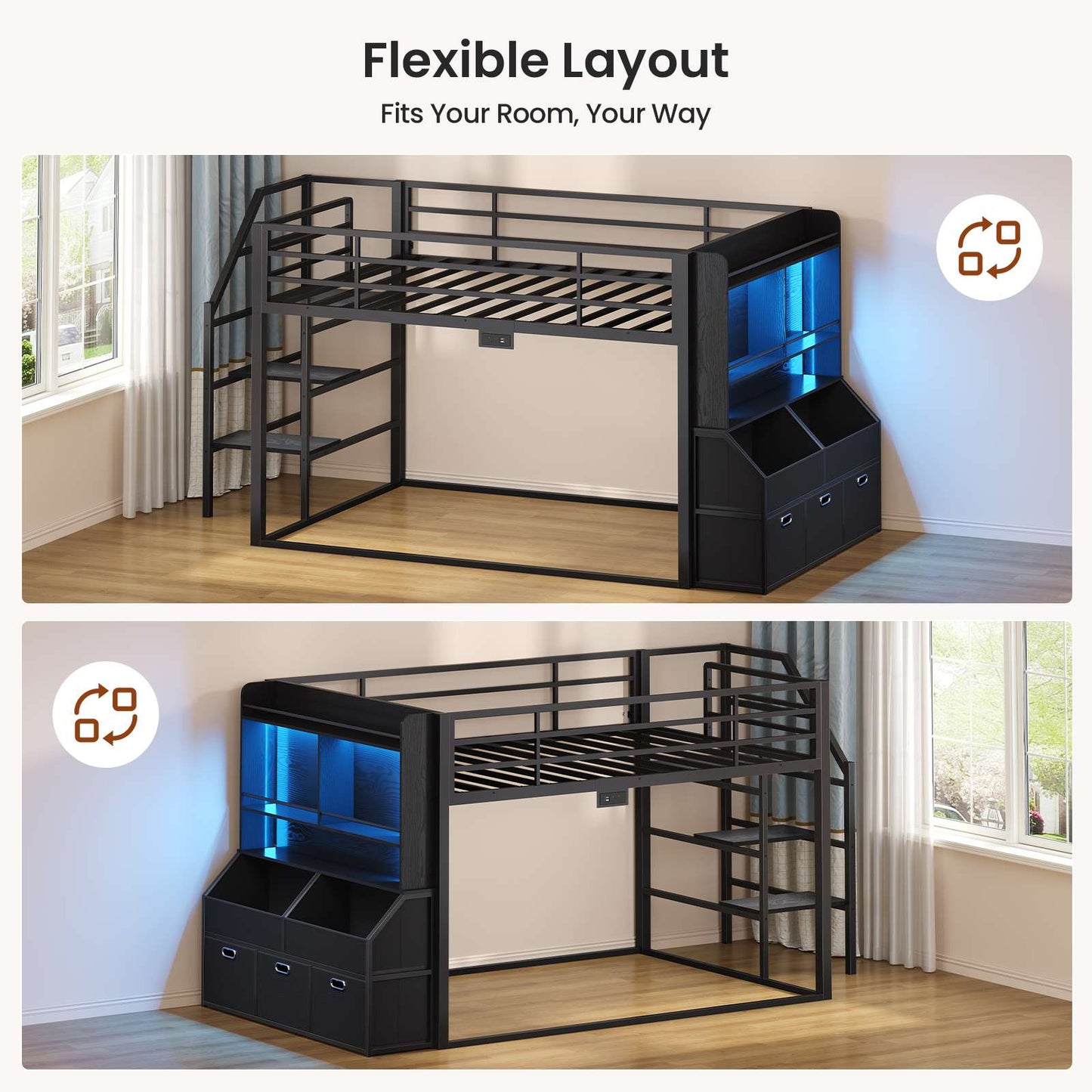 ADORNEVE Bunk Bed Twin Size with Staircase and Bookshelf Drawers Metal Floor Bunk Bed with Safe Wide Stairs and 2 Toy Organizer LED Bunk Bed with Charging Station and Safety Guardrail