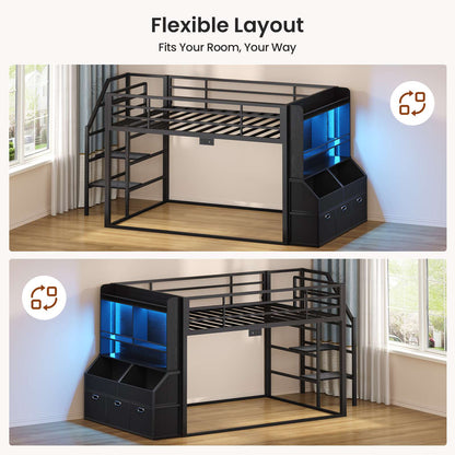 ADORNEVE Bunk Bed Twin Size with Staircase and Bookshelf Drawers Metal Floor Bunk Bed with Safe Wide Stairs and 2 Toy Organizer LED Bunk Bed with Charging Station and Safety Guardrail