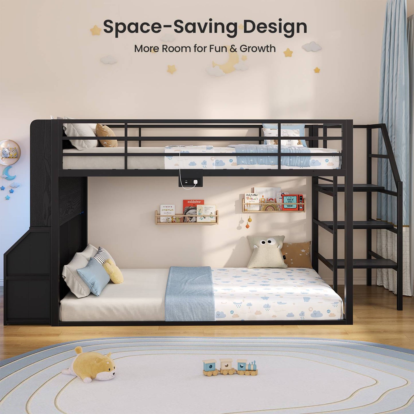 ADORNEVE Bunk Bed Twin Size with Staircase and Bookshelf Drawers Metal Floor Bunk Bed with Safe Wide Stairs and 2 Toy Organizer LED Bunk Bed with Charging Station and Safety Guardrail