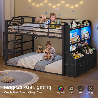 ADORNEVE Bunk Bed Twin Size with Staircase and Bookshelf Drawers Metal Floor Bunk Bed with Safe Wide Stairs and 2 Toy Organizer LED Bunk Bed with Charging Station and Safety Guardrail