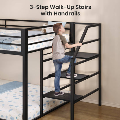 ADORNEVE Bunk Bed Twin Size with Staircase and Bookshelf Drawers Metal Floor Bunk Bed with Safe Wide Stairs and 2 Toy Organizer LED Bunk Bed with Charging Station and Safety Guardrail