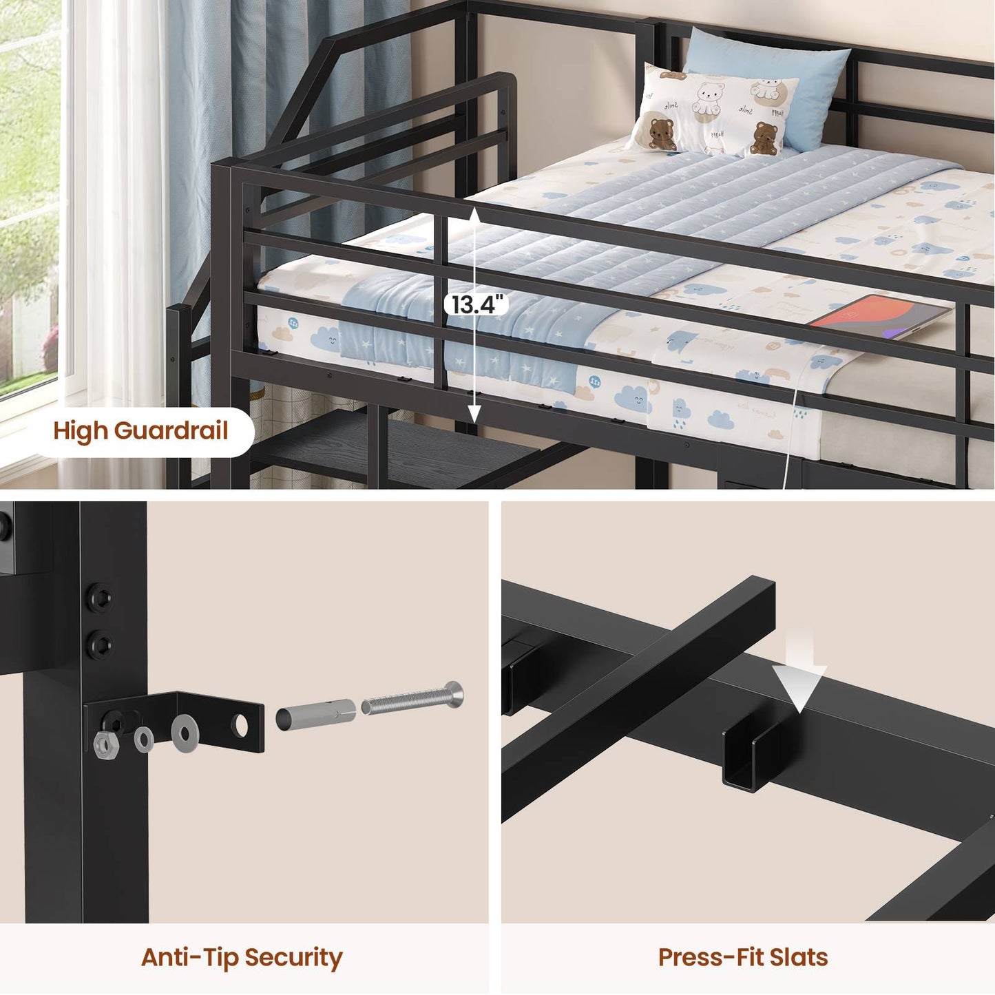 ADORNEVE Bunk Bed Twin Size with Staircase and Bookshelf Drawers Metal Floor Bunk Bed with Safe Wide Stairs and 2 Toy Organizer LED Bunk Bed with Charging Station and Safety Guardrail