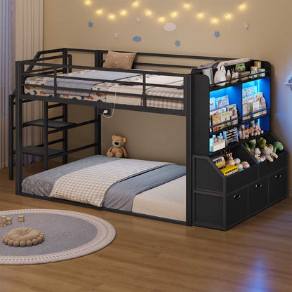 ADORNEVE Bunk Bed Twin Size with Staircase and Bookshelf Drawers Metal Floor Bunk Bed with Safe Wide Stairs and 2 Toy Organizer LED Bunk Bed with Charging Station and Safety Guardrail