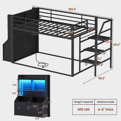ADORNEVE Bunk Bed Twin Size with Staircase and Bookshelf Drawers Metal Floor Bunk Bed with Safe Wide Stairs and 2 Toy Organizer LED Bunk Bed with Charging Station and Safety Guardrail