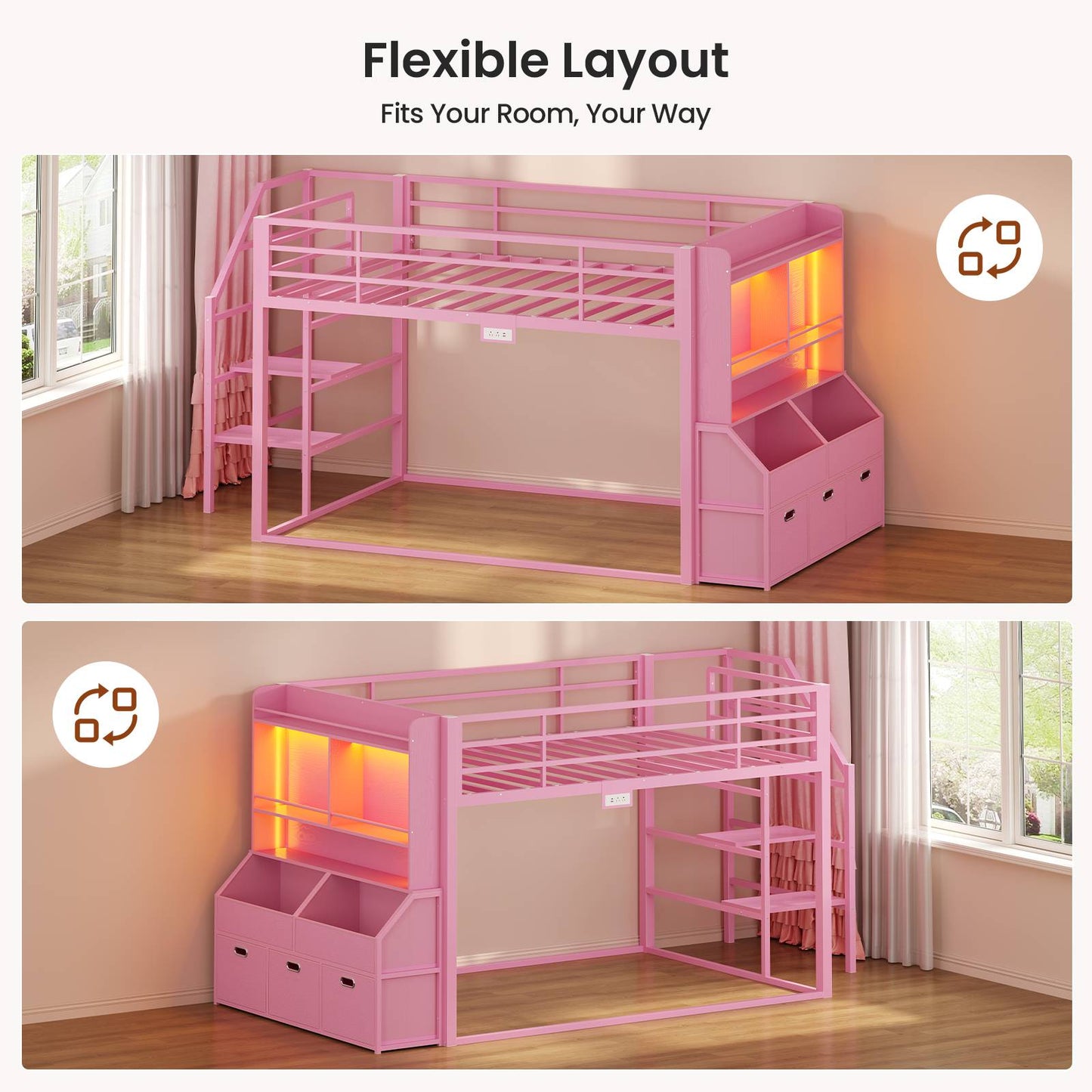 ADORNEVE Bunk Bed Twin Size with Staircase and Bookshelf Drawers Metal Floor Bunk Bed with Safe Wide Stairs and 2 Toy Organizer LED Bunk Bed with Charging Station and Safety Guardrail