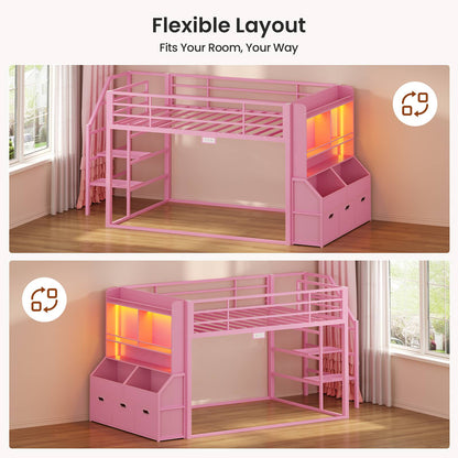 ADORNEVE Bunk Bed Twin Size with Staircase and Bookshelf Drawers Metal Floor Bunk Bed with Safe Wide Stairs and 2 Toy Organizer LED Bunk Bed with Charging Station and Safety Guardrail