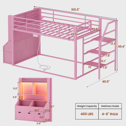 ADORNEVE Bunk Bed Twin Size with Staircase and Bookshelf Drawers Metal Floor Bunk Bed with Safe Wide Stairs and 2 Toy Organizer LED Bunk Bed with Charging Station and Safety Guardrail