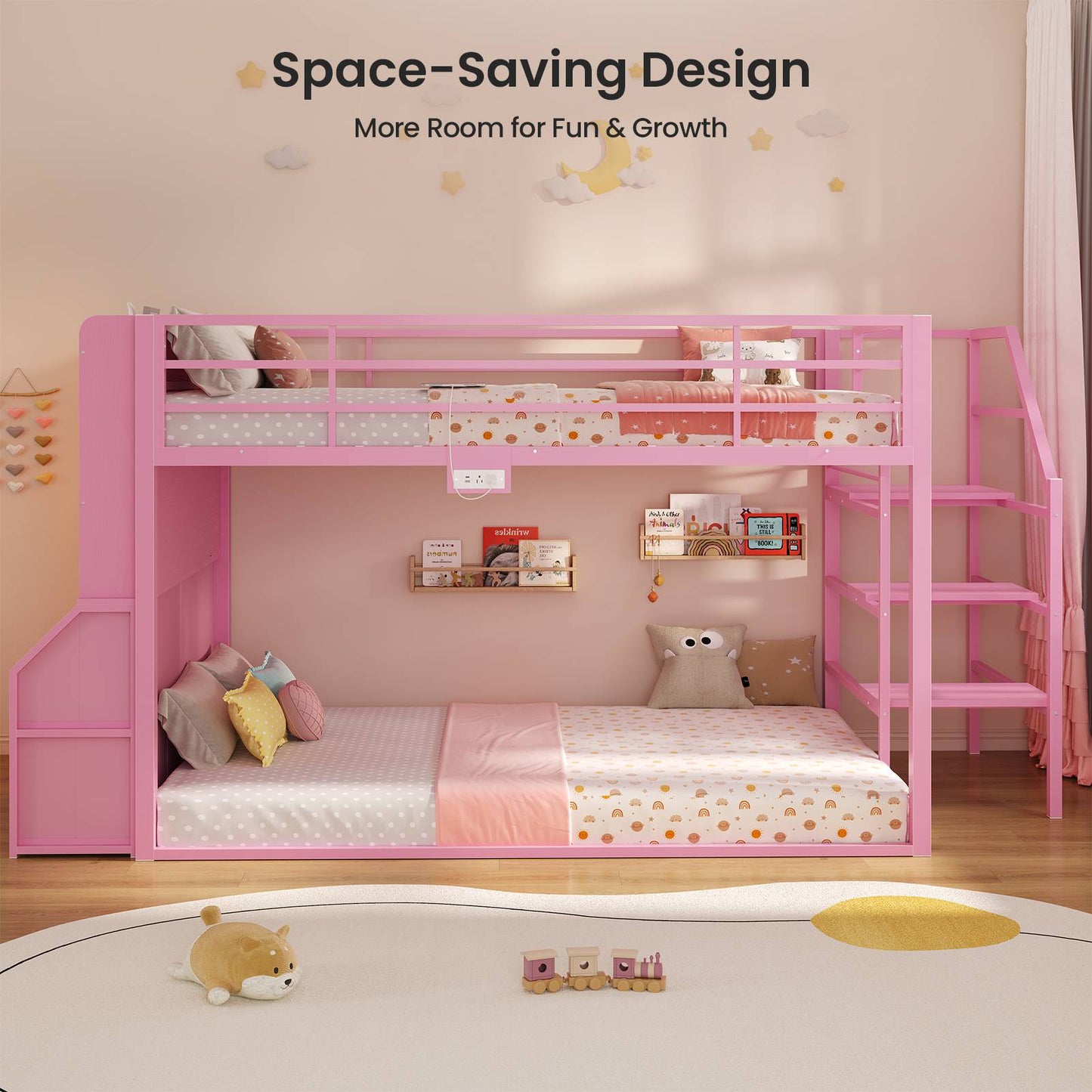 ADORNEVE Bunk Bed Twin Size with Staircase and Bookshelf Drawers Metal Floor Bunk Bed with Safe Wide Stairs and 2 Toy Organizer LED Bunk Bed with Charging Station and Safety Guardrail