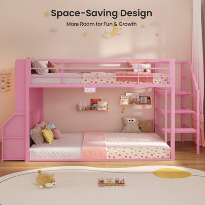 ADORNEVE Bunk Bed Twin Size with Staircase and Bookshelf Drawers Metal Floor Bunk Bed with Safe Wide Stairs and 2 Toy Organizer LED Bunk Bed with Charging Station and Safety Guardrail