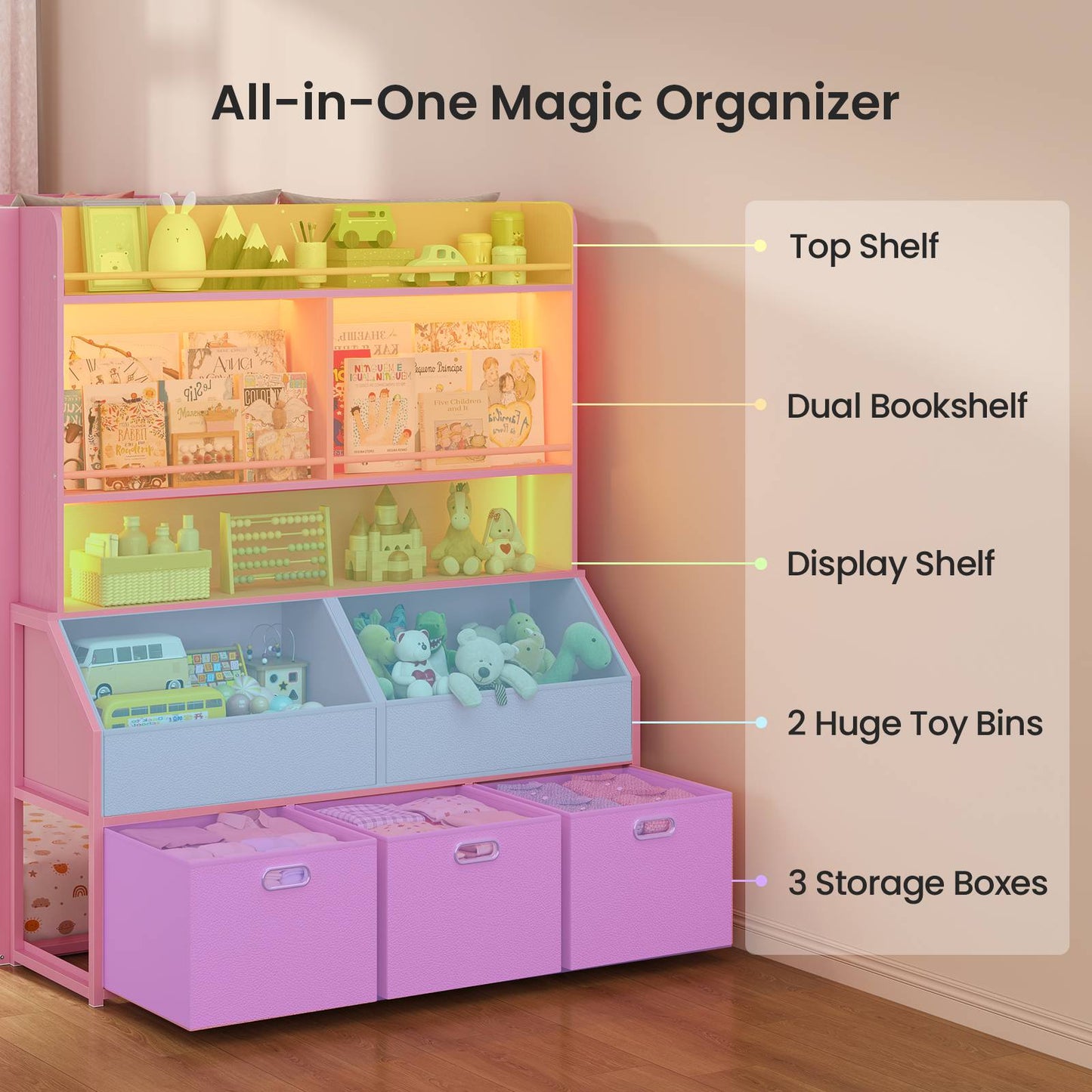 ADORNEVE Bunk Bed Twin Size with Staircase and Bookshelf Drawers Metal Floor Bunk Bed with Safe Wide Stairs and 2 Toy Organizer LED Bunk Bed with Charging Station and Safety Guardrail