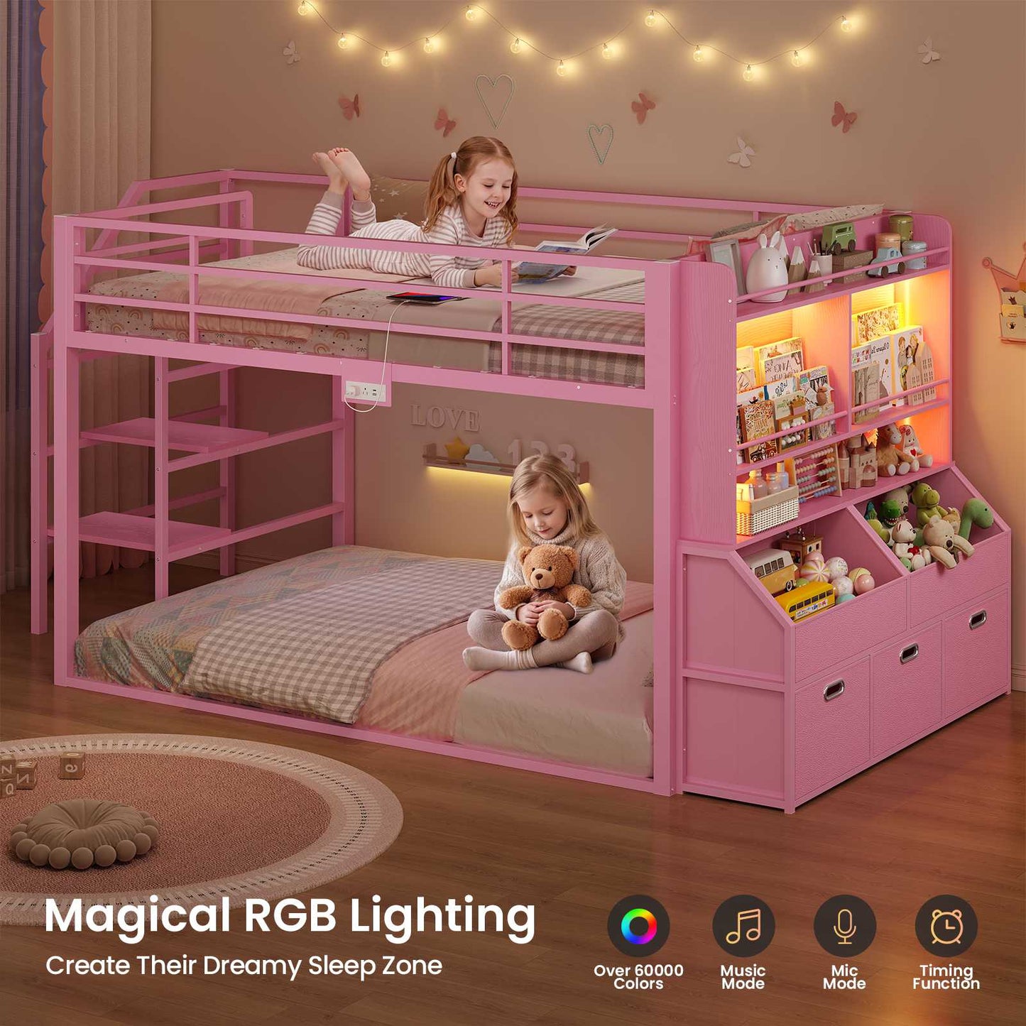 ADORNEVE Bunk Bed Twin Size with Staircase and Bookshelf Drawers Metal Floor Bunk Bed with Safe Wide Stairs and 2 Toy Organizer LED Bunk Bed with Charging Station and Safety Guardrail