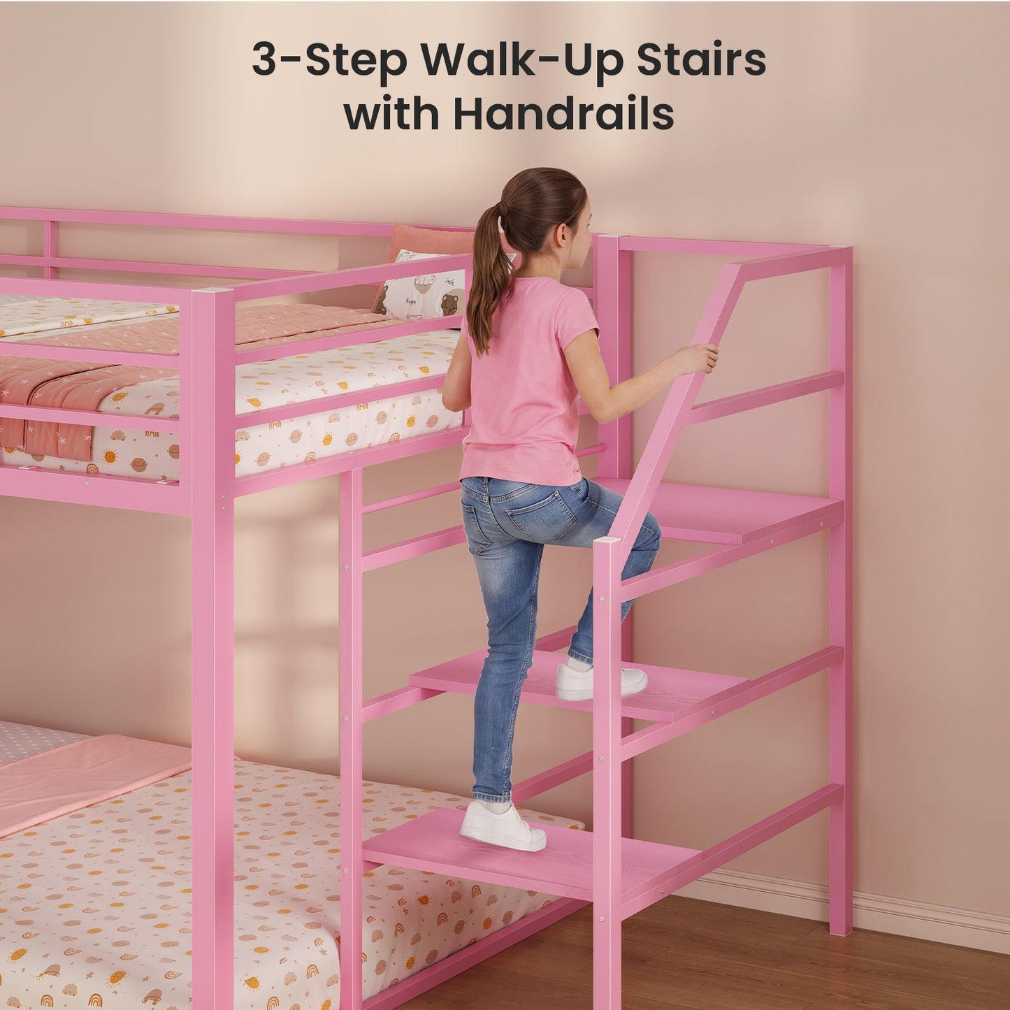 ADORNEVE Bunk Bed Twin Size with Staircase and Bookshelf Drawers Metal Floor Bunk Bed with Safe Wide Stairs and 2 Toy Organizer LED Bunk Bed with Charging Station and Safety Guardrail