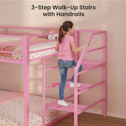 ADORNEVE Bunk Bed Twin Size with Staircase and Bookshelf Drawers Metal Floor Bunk Bed with Safe Wide Stairs and 2 Toy Organizer LED Bunk Bed with Charging Station and Safety Guardrail