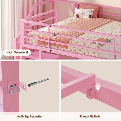 ADORNEVE Bunk Bed Twin Size with Staircase and Bookshelf Drawers Metal Floor Bunk Bed with Safe Wide Stairs and 2 Toy Organizer LED Bunk Bed with Charging Station and Safety Guardrail