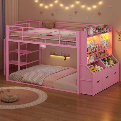ADORNEVE Bunk Bed Twin Size with Staircase and Bookshelf Drawers Metal Floor Bunk Bed with Safe Wide Stairs and 2 Toy Organizer LED Bunk Bed with Charging Station and Safety Guardrail