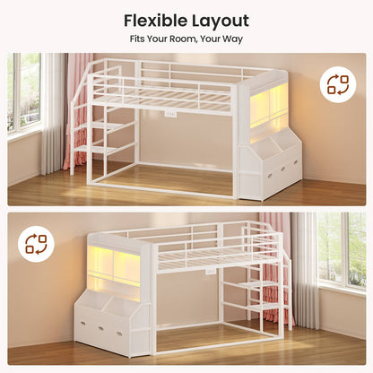 ADORNEVE Bunk Bed Twin Size with Staircase and Bookshelf Drawers Metal Floor Bunk Bed with Safe Wide Stairs and 2 Toy Organizer LED Bunk Bed with Charging Station and Safety Guardrail