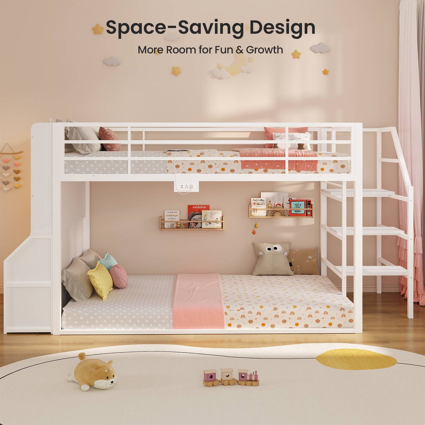 ADORNEVE Bunk Bed Twin Size with Staircase and Bookshelf Drawers Metal Floor Bunk Bed with Safe Wide Stairs and 2 Toy Organizer LED Bunk Bed with Charging Station and Safety Guardrail