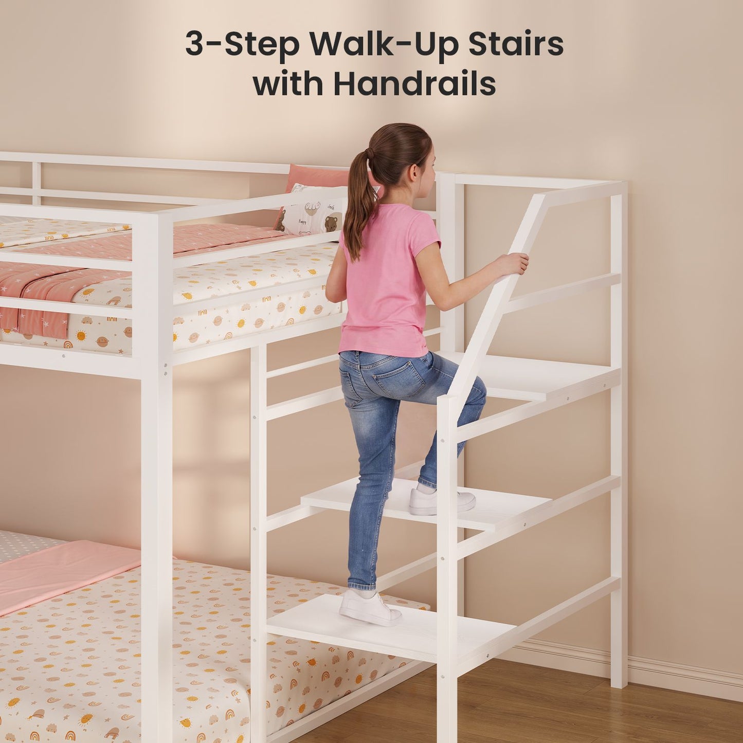 ADORNEVE Bunk Bed Twin Size with Staircase and Bookshelf Drawers Metal Floor Bunk Bed with Safe Wide Stairs and 2 Toy Organizer LED Bunk Bed with Charging Station and Safety Guardrail