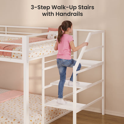 ADORNEVE Bunk Bed Twin Size with Staircase and Bookshelf Drawers Metal Floor Bunk Bed with Safe Wide Stairs and 2 Toy Organizer LED Bunk Bed with Charging Station and Safety Guardrail