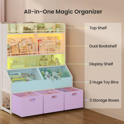 ADORNEVE Bunk Bed Twin Size with Staircase and Bookshelf Drawers Metal Floor Bunk Bed with Safe Wide Stairs and 2 Toy Organizer LED Bunk Bed with Charging Station and Safety Guardrail