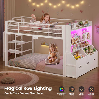 ADORNEVE Bunk Bed Twin Size with Staircase and Bookshelf Drawers Metal Floor Bunk Bed with Safe Wide Stairs and 2 Toy Organizer LED Bunk Bed with Charging Station and Safety Guardrail