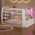 ADORNEVE Bunk Bed Twin Size with Staircase and Bookshelf Drawers Metal Floor Bunk Bed with Safe Wide Stairs and 2 Toy Organizer LED Bunk Bed with Charging Station and Safety Guardrail